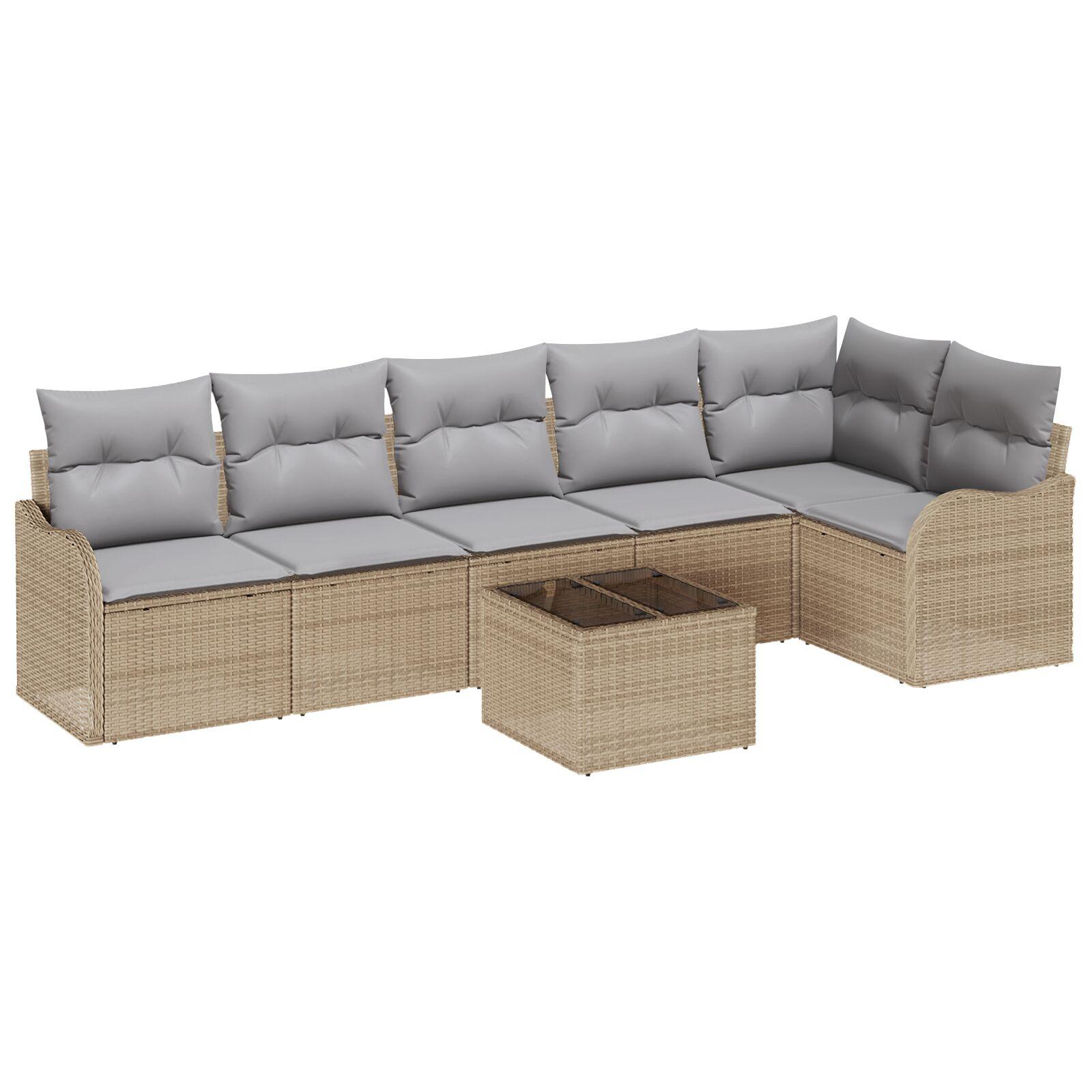 7 Deles Have Sofa Sæt med Hynder Sort Poly Rattan,  2-Sæders Have Sofa med Opbevaring & Hynder Beige Poly Rattan