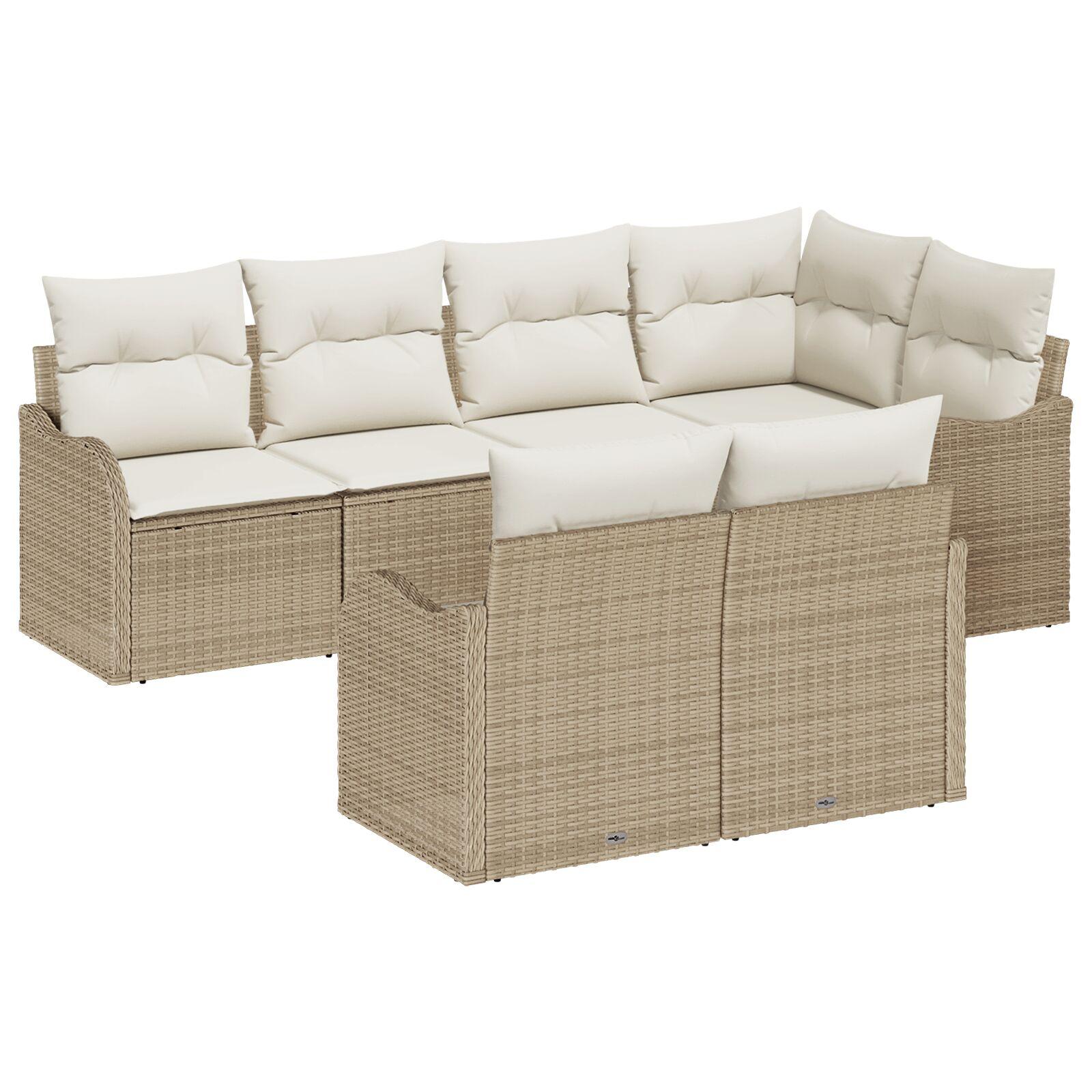 7 Stykke Have Sofa Sæt med Puder Beige Poly Rattan,  2-personers Have Sofa med Opbevaring & Puder Beige Poly Rattan