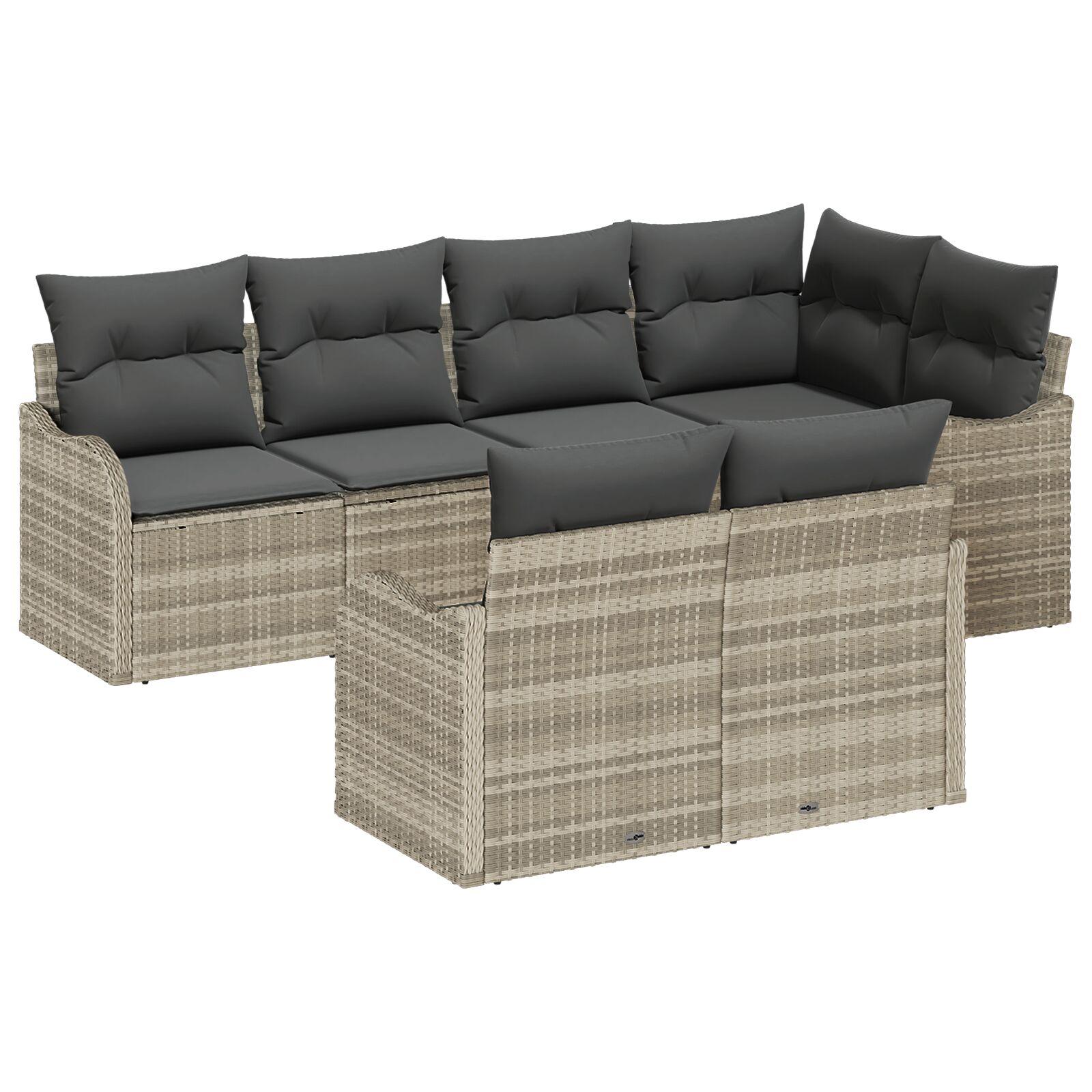 7 Stykke Lysegrå Poly Rattan Have Sofa Sæt med Puder, 2-Sæders Have Sofa med Opbevaring & Puder, Lysegrå Poly Rattan