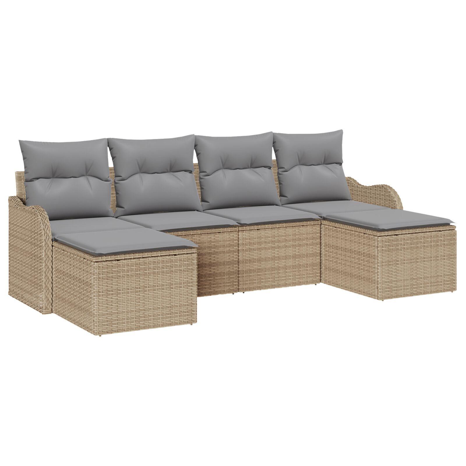 6-delt Havemøbel Sæt med Puder Beige Poly Rattan, 2-personers Havemøbel med Opbevaring & Puder Beige Poly Rattan
