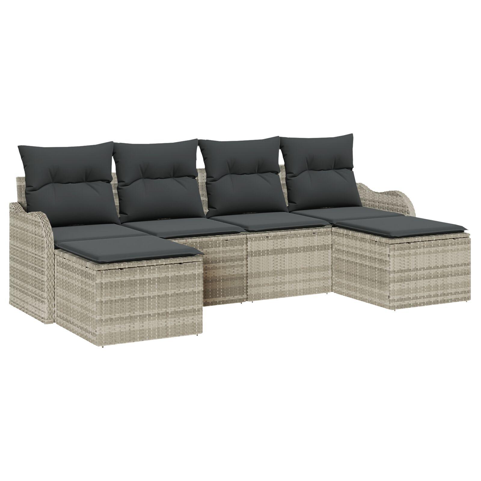 6 Delt Have Sofa Sæt med Puder Lysegrå Poly Rattan, 2-Sæde Have Sofa med Opbevaring & Puder Lysegrå Poly Rattan