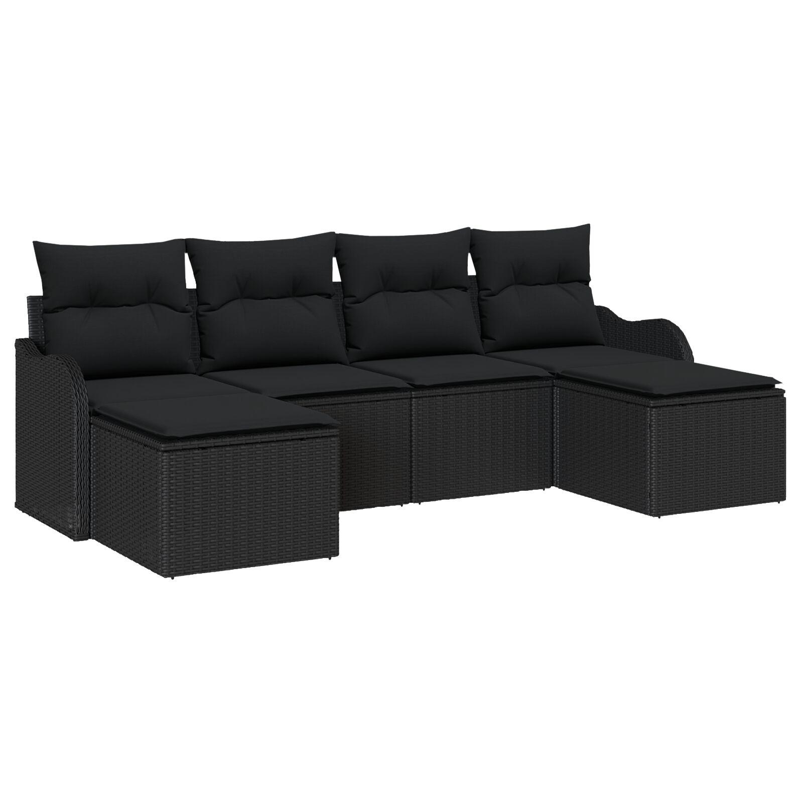 6-dele Have Sofa Sæt med Puder Sort Poly Rattan,  2-personers Have Sofa med Opbevaring & Puder Sort Poly Rattan
