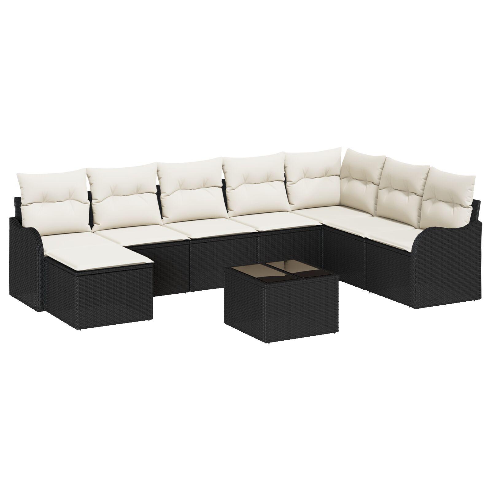 Havesofa Sæt med pude 9 stk Sort og hvid Poly rattan billede