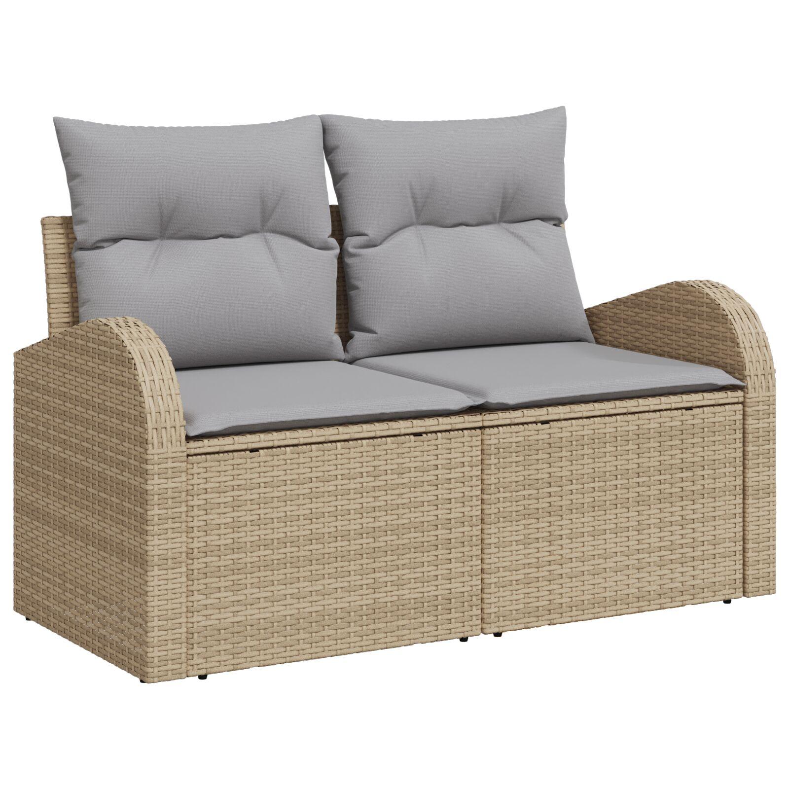 3-delt have sofa sæt med puder i beige poly rattan,  2-personers have sofa med opbevaring og puder i beige poly rattan