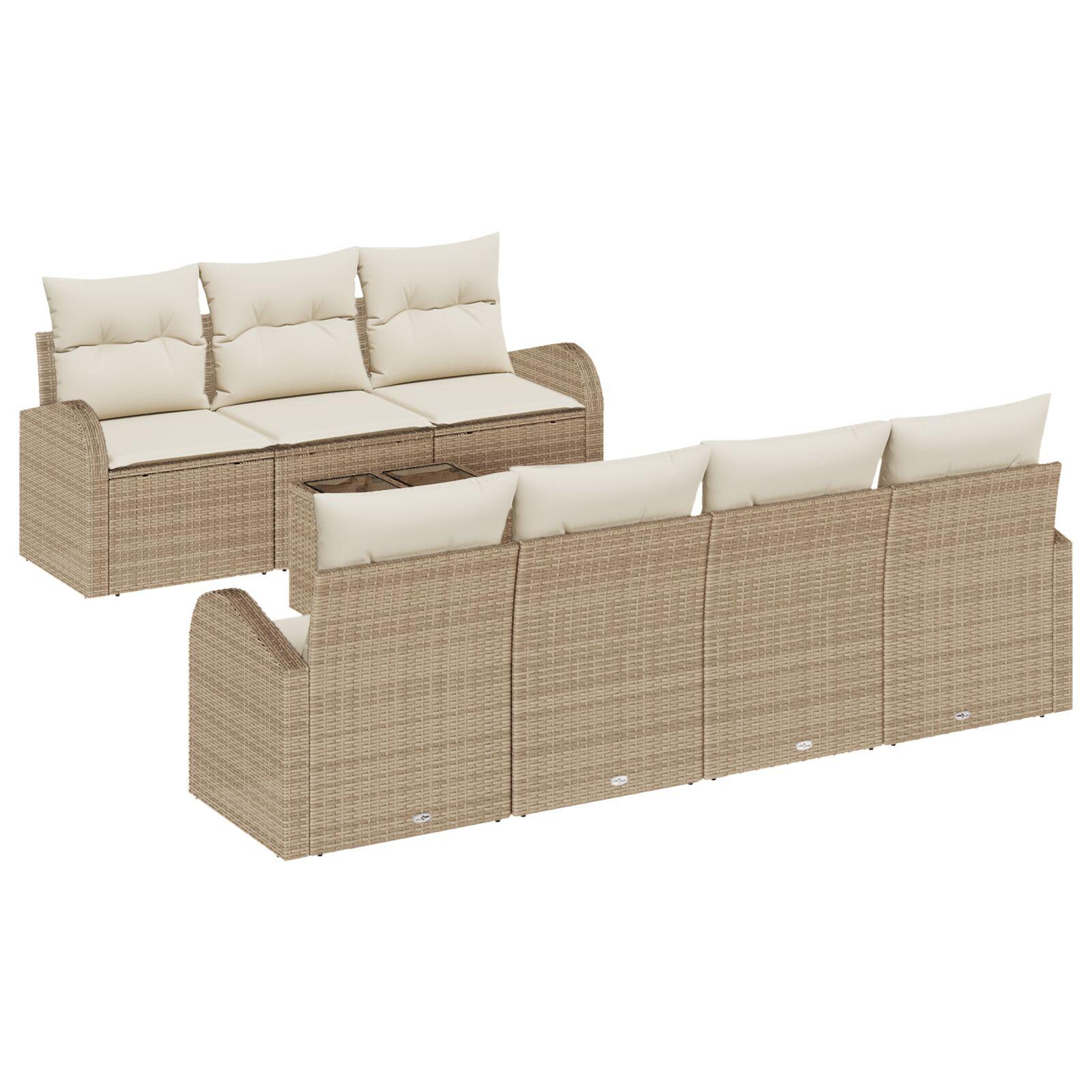 8 Stykker Have Sofa Sæt med puder Beige Poly Rattan,  2-personers Have Sofa med opbevaring og puder Beige Poly Rattan