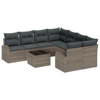 9 Stykke Have Sofa Sæt med Puder Grå Poly Rattan, 2-Sæders Have Sofa med Opbevaring & Puder Grå Poly Rattan