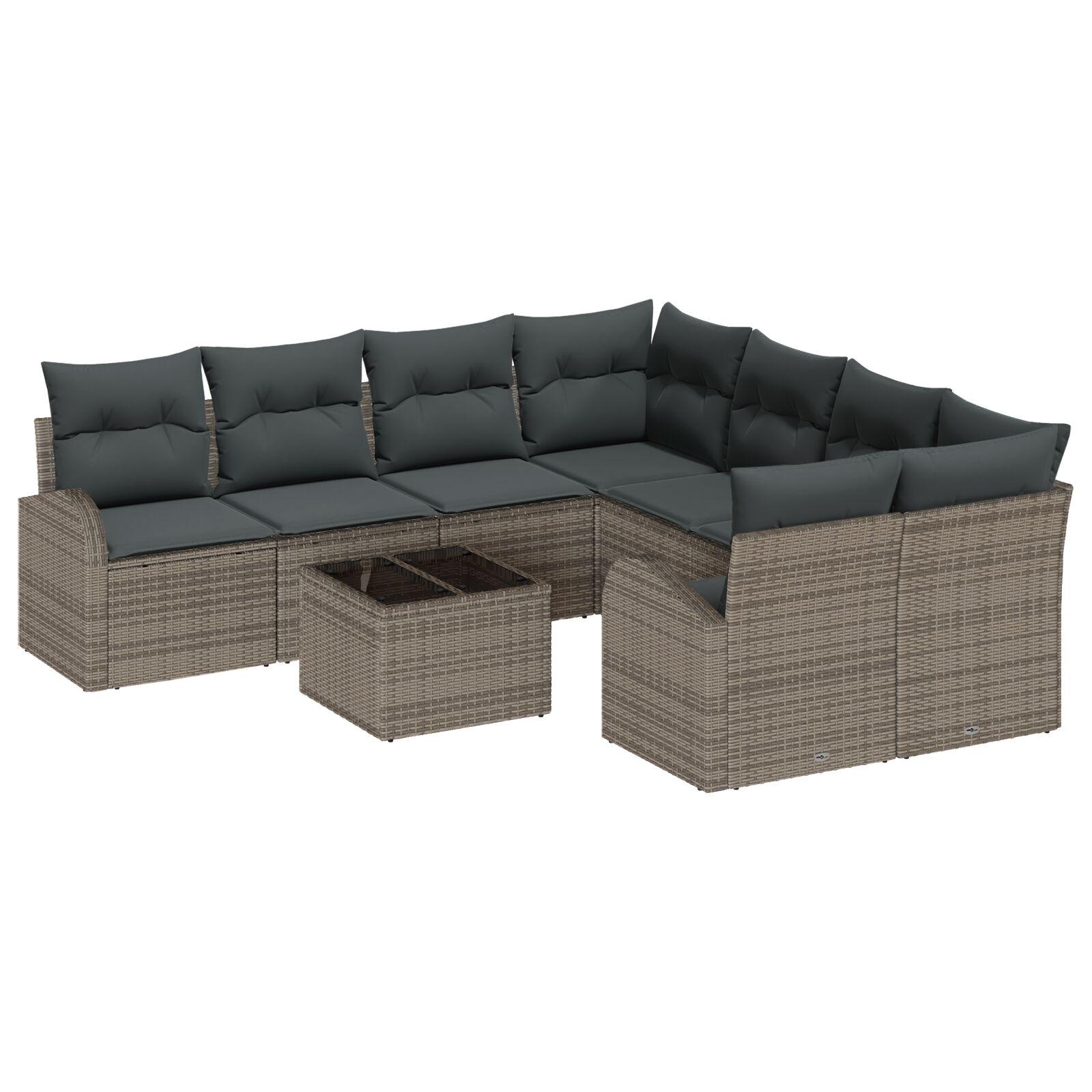 9 Stykke Have Sofa Sæt med Puder Grå Poly Rattan, 2-Sæders Have Sofa med Opbevaring & Puder Grå Poly Rattan