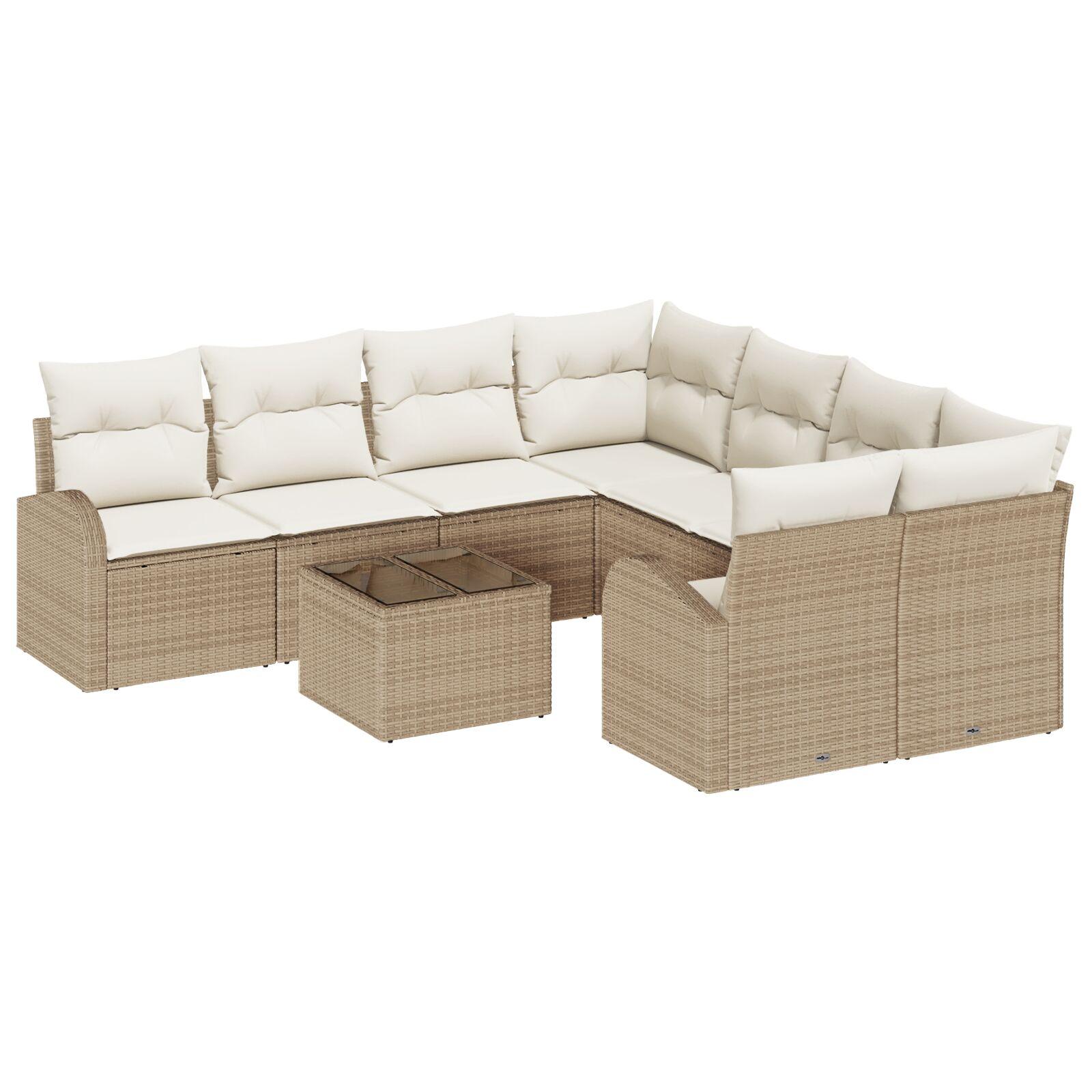 9 Stk Have Sofa Sæt med Puder Beige Poly Rattan,  2-personers Have Sofa med Opbevaring & Puder Beige Poly Rattan