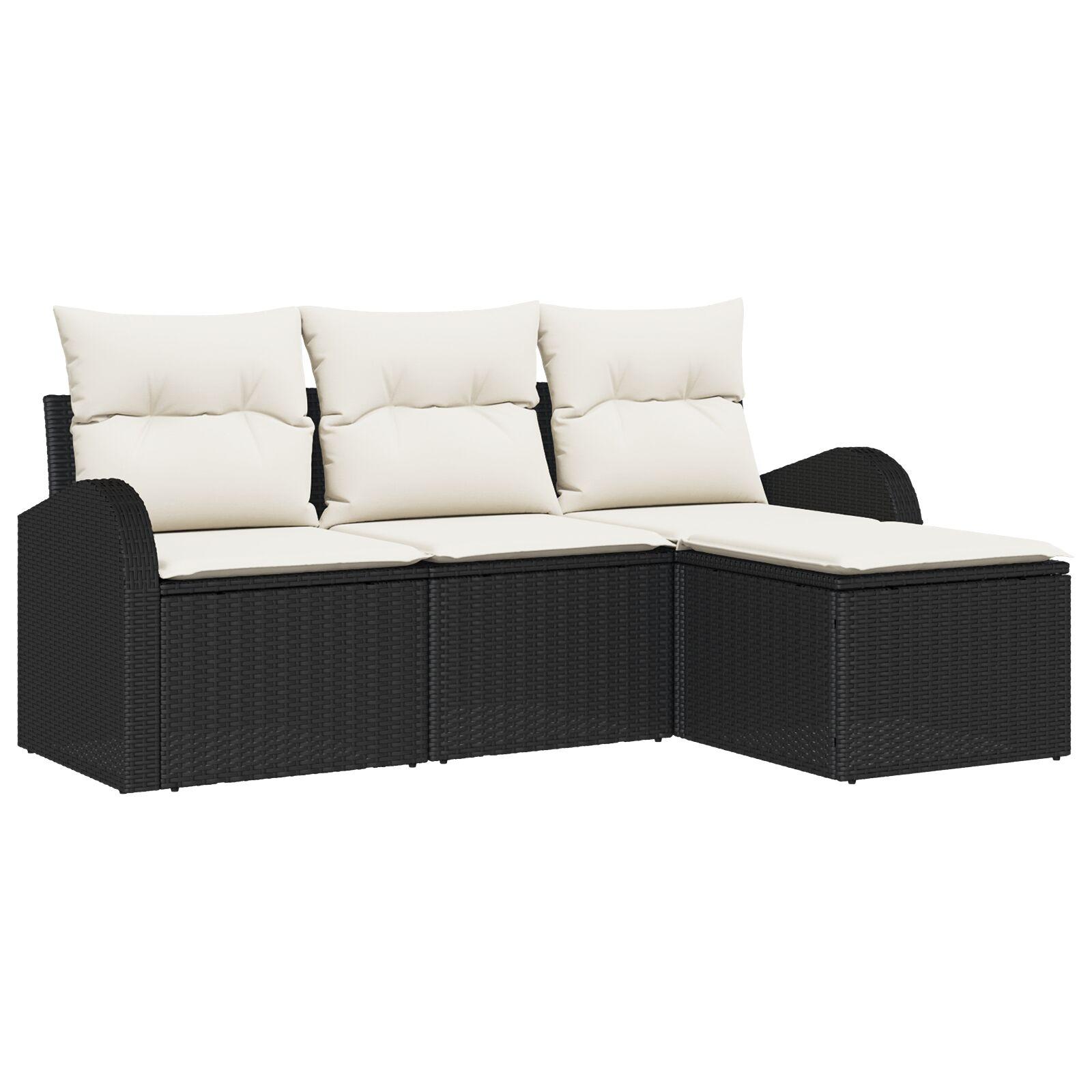 4 Deles Have Sofa Set med Puder Sort Poly Rattan,  2-Personers Have Sofa med Opbevaring & Puder Sort Poly Rattan