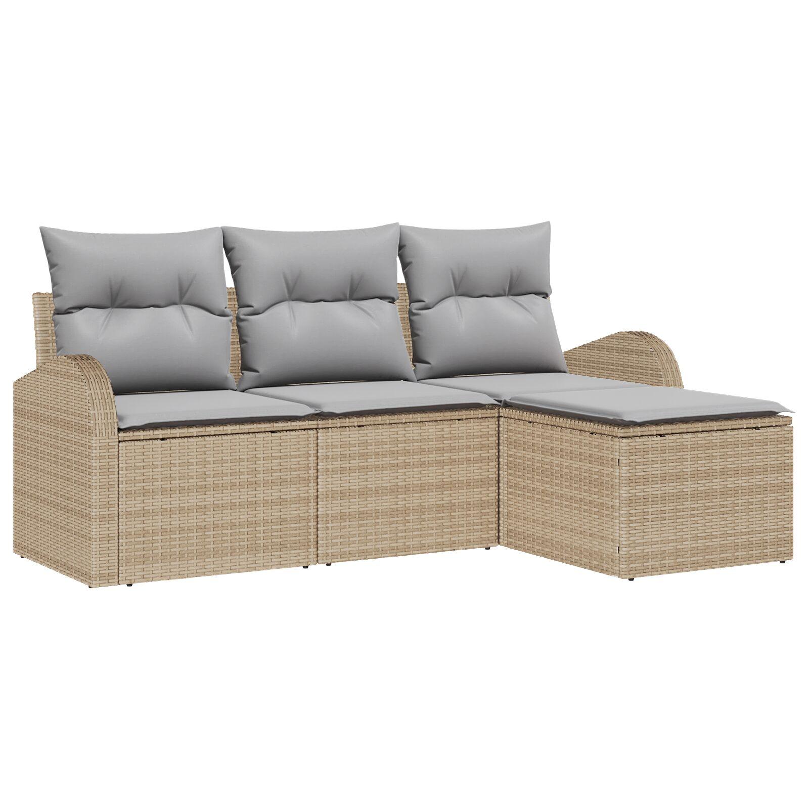 4 Stk Have Sofa Sæt med Puder Beige Poly Rattan,  2-Sæders Have Sofa med Opbevaring & Puder Beige Poly Rattan