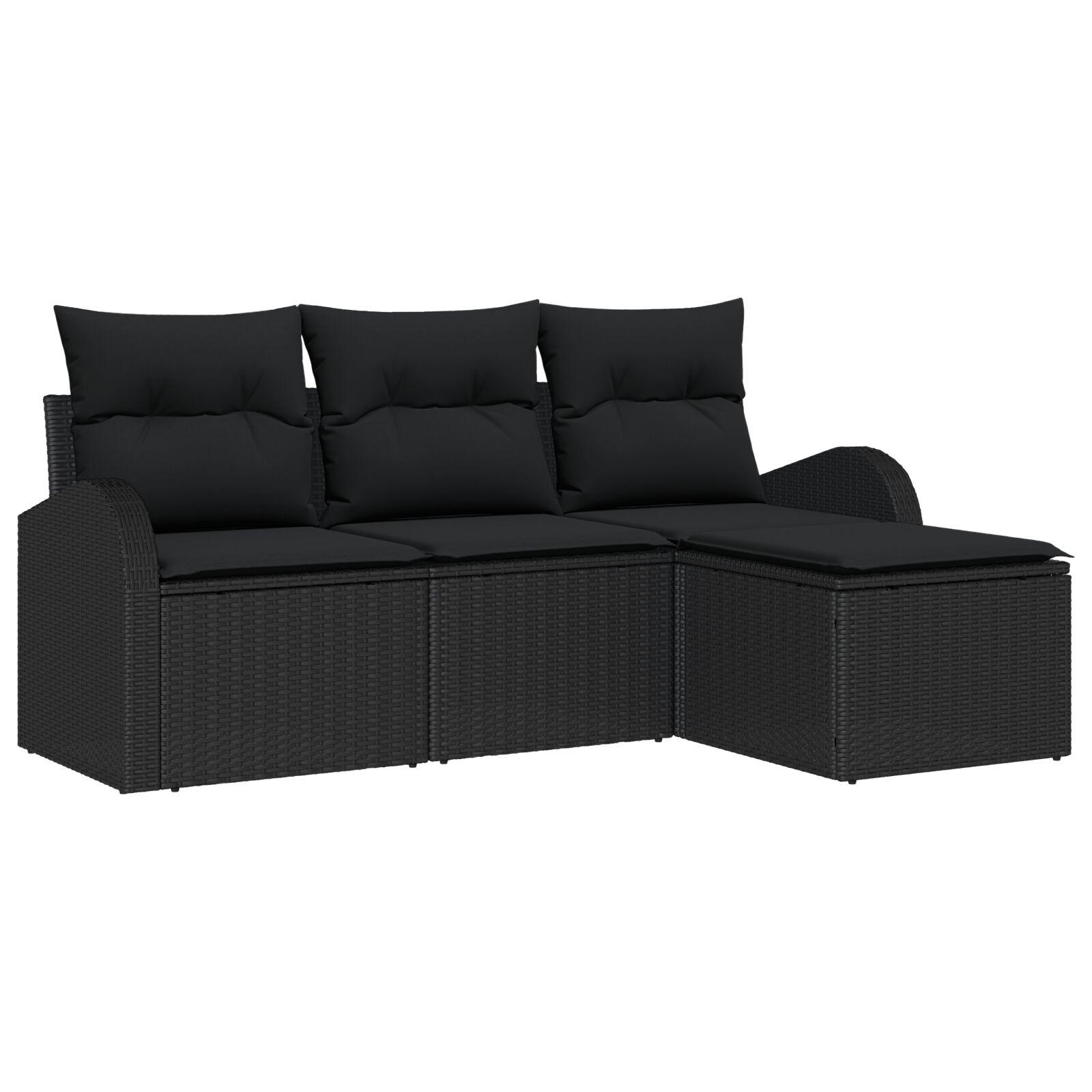 4 Dele Have Sofa Sæt med Puder Sort Poly Rattan,  2-Personers Have Sofa med Opbevaring & Puder Sort Poly Rattan