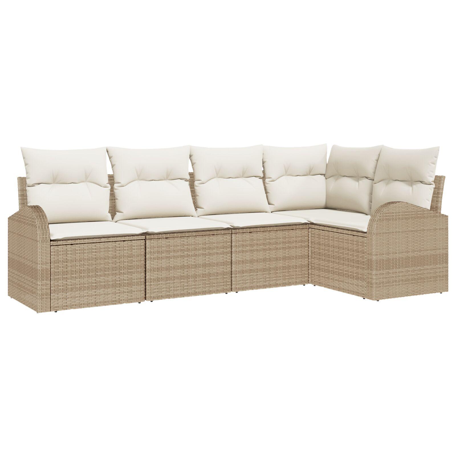 5-delt havesofa sæt med puder beige poly rattan,  2-personers havesofa med opbevaring og puder beige poly rattan