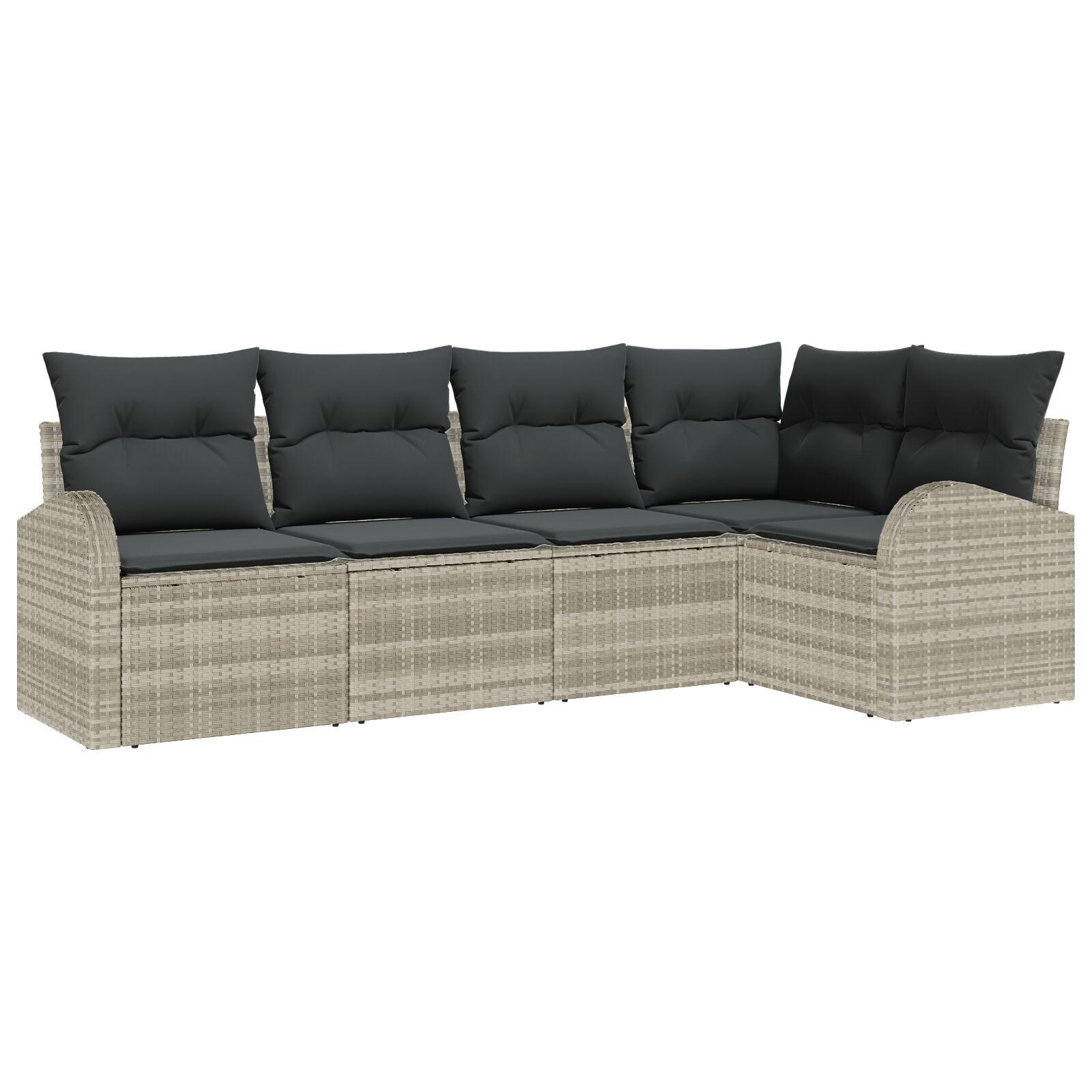 5 Stykker Have Sofa Sæt med Puder Lys Grå Poly Rattan, 2-sæders Have Sofa med Opbevaring & Puder Lys Grå Poly Rattan
