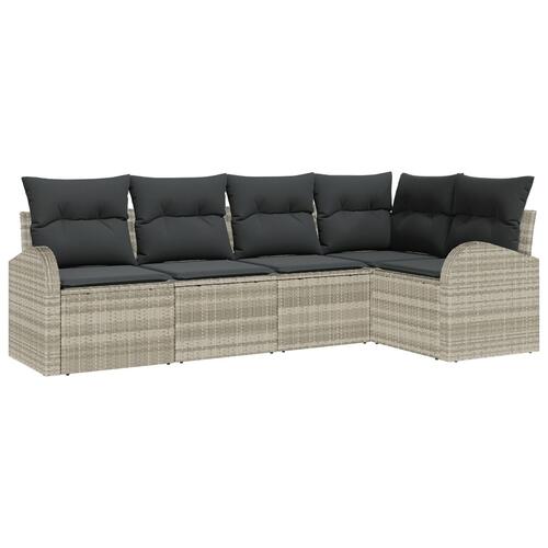 5 Stykker Have Sofa Sæt med Puder Lys Grå Poly Rattan, 2-sæders Have Sofa med Opbevaring & Puder Lys Grå Poly Rattan