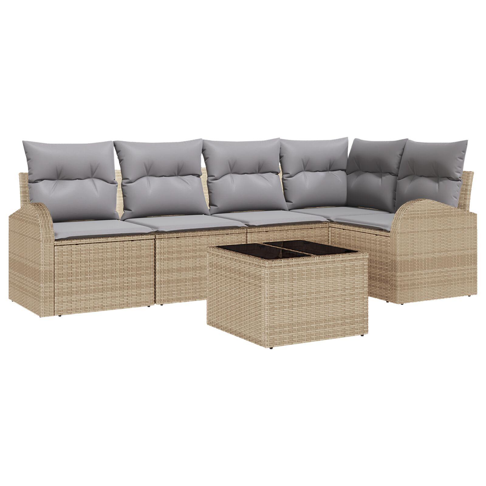 6 Styk Have Sofa Sæt med Puder Sort Poly Rattan, 2-personers Have Sofa med Opbevaring & Puder Beige Poly Rattan