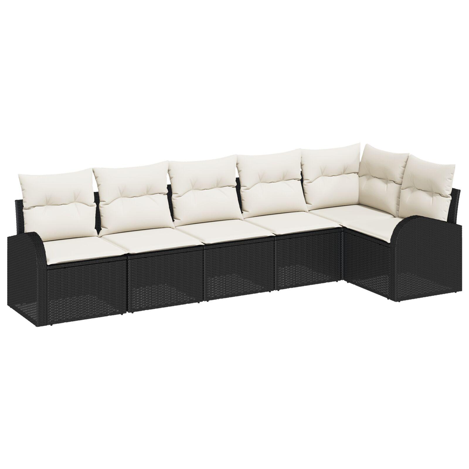 6 Personers Havesofa Sæt med Puder Sort Poly Rattan,  2-Personers Havesofa med Opbevaring & Puder Sort Poly Rattan