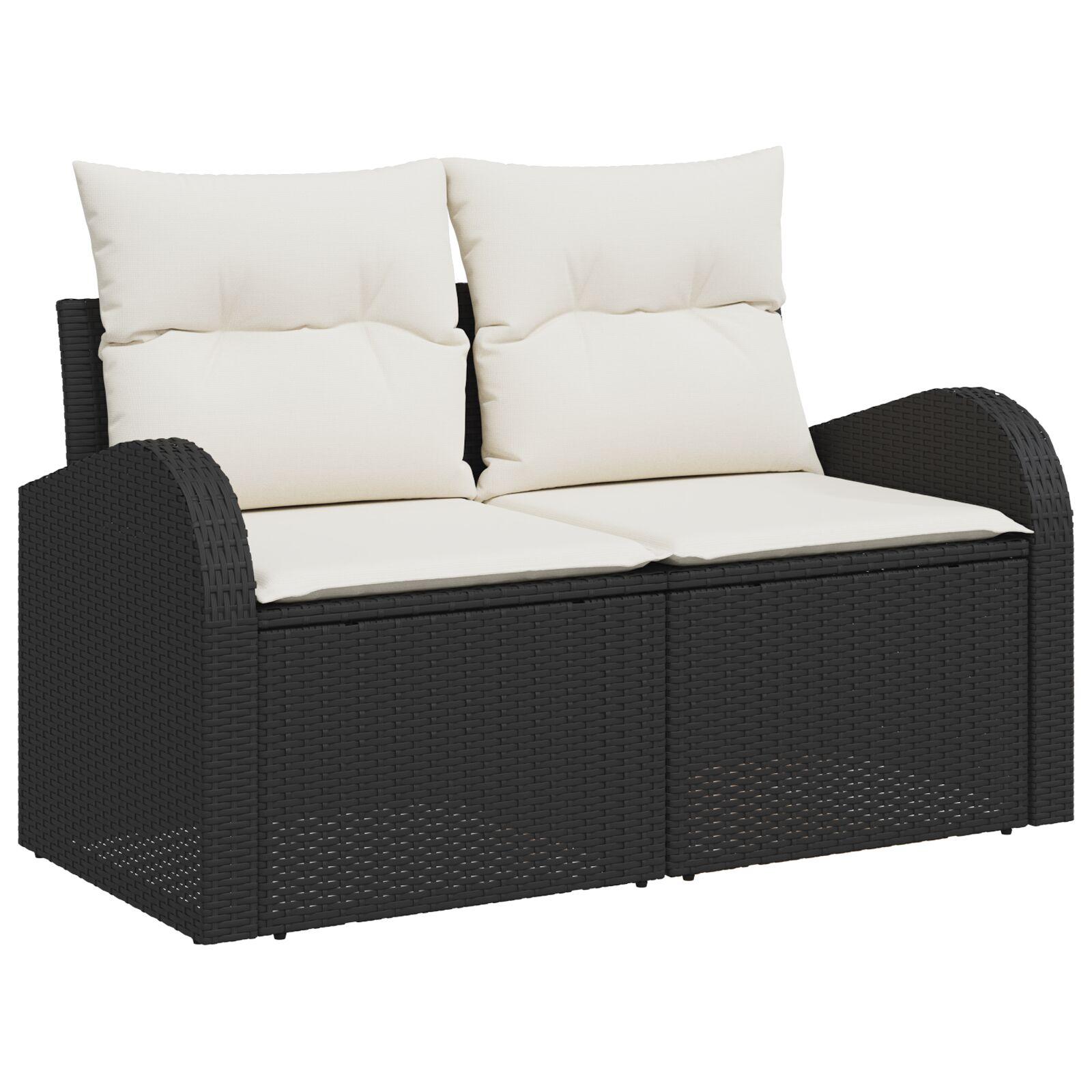 6-Piece Have Sofa Sæt med Puder Sort Poly Rattan,  2-Sæders Have Sofa med Opbevaring & Puder Sort Poly Rattan