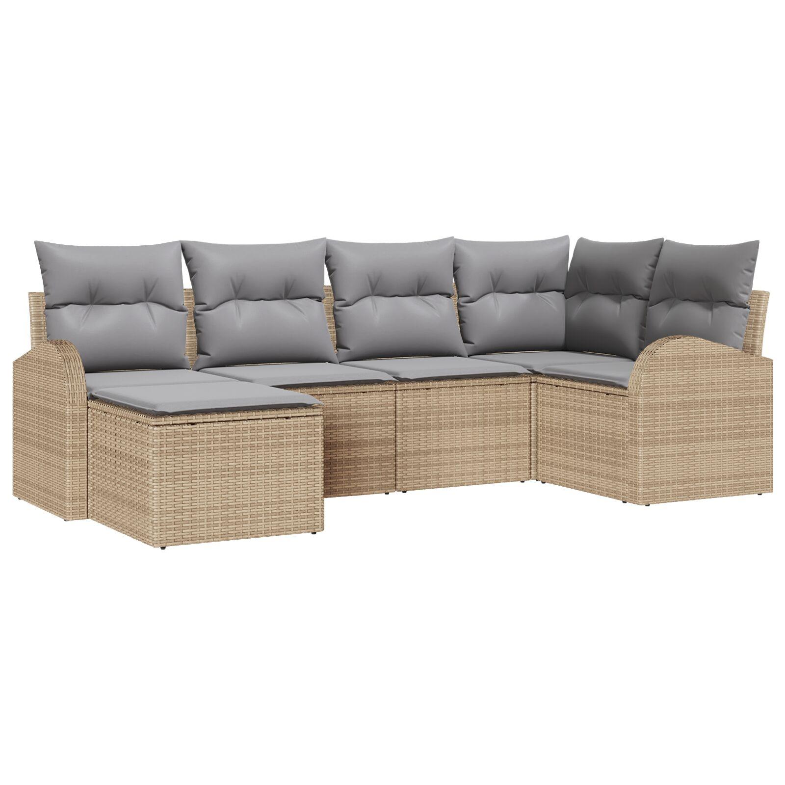 6 Dels Have Sofa Sæt med Puder Beige Poly Rattan,  2-Personers Have Sofa med Opbevaring & Puder Beige Poly Rattan