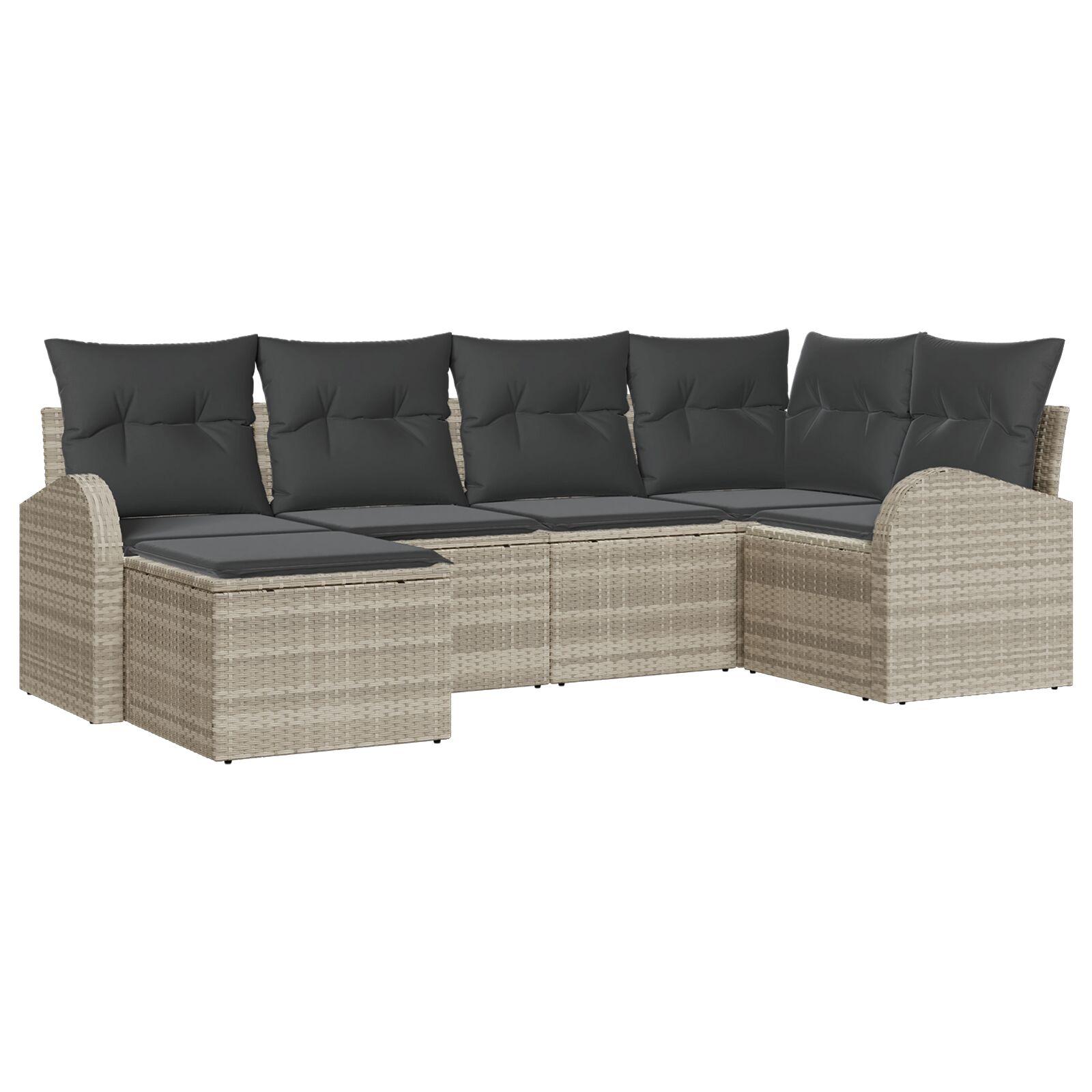 6 Stk Have Sofa Sæt med Puder Lys Grå Poly Rattan, 2-Sæders Have Sofa med Opbevaring & Puder Lys Grå Poly Rattan