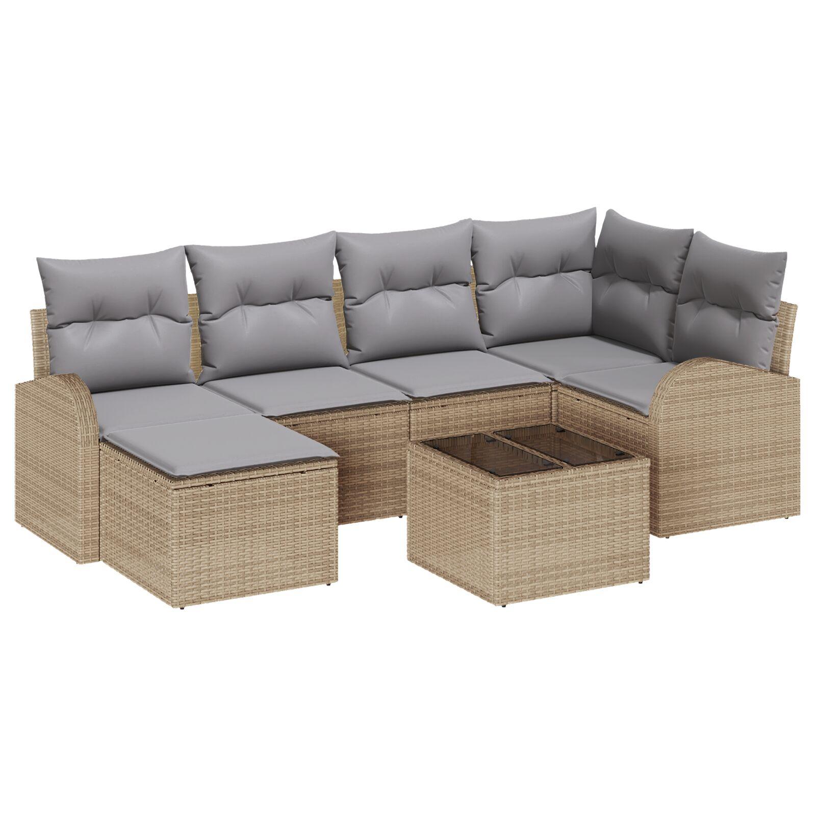 7 Personers Have Sofa Sæt med Hynder Sort Poly Rattan,  2-personers Have Sofa med Opbevaring & Hynder Beige Poly Rattan
