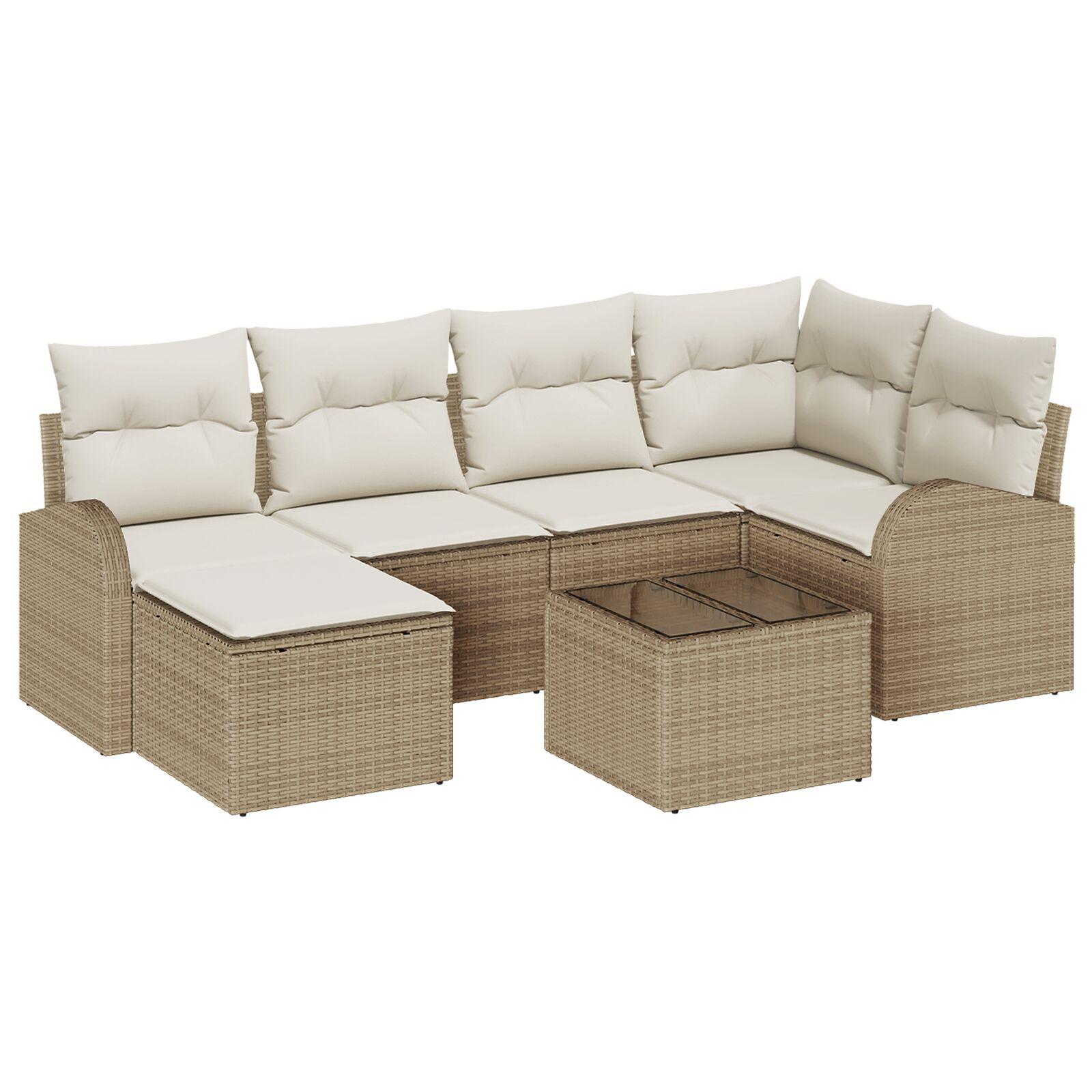 7 Styk Have Sofa Sæt med Puder Brun Poly Rattan,  2-personers Have Sofa med Opbevaring & Puder Beige Poly Rattan