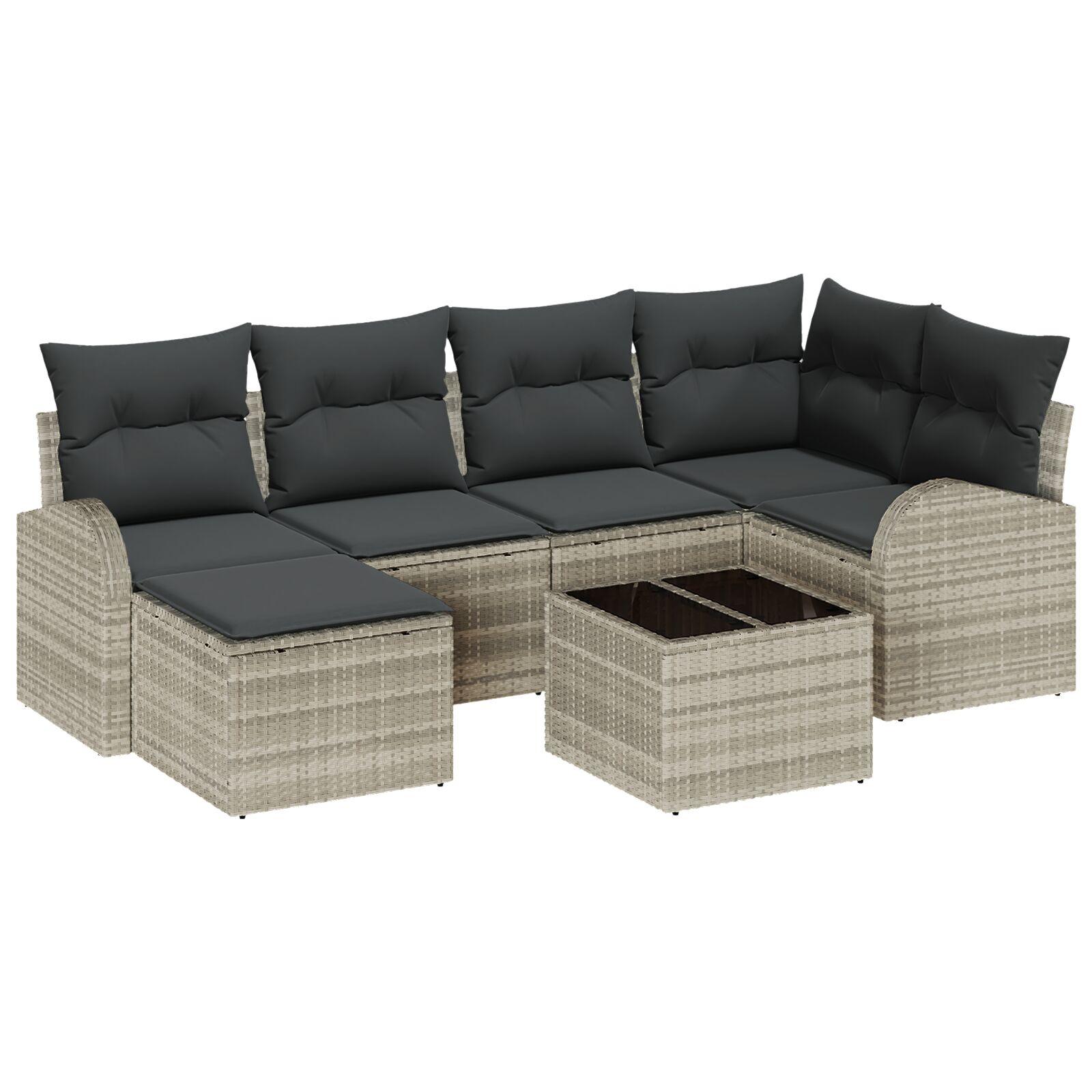 7 stk Havesofa Sæt med Hynder Grå Poly Rattan,  2-sæders Havesofa med Opbevaring & Hynder Lysegrå Poly Rattan