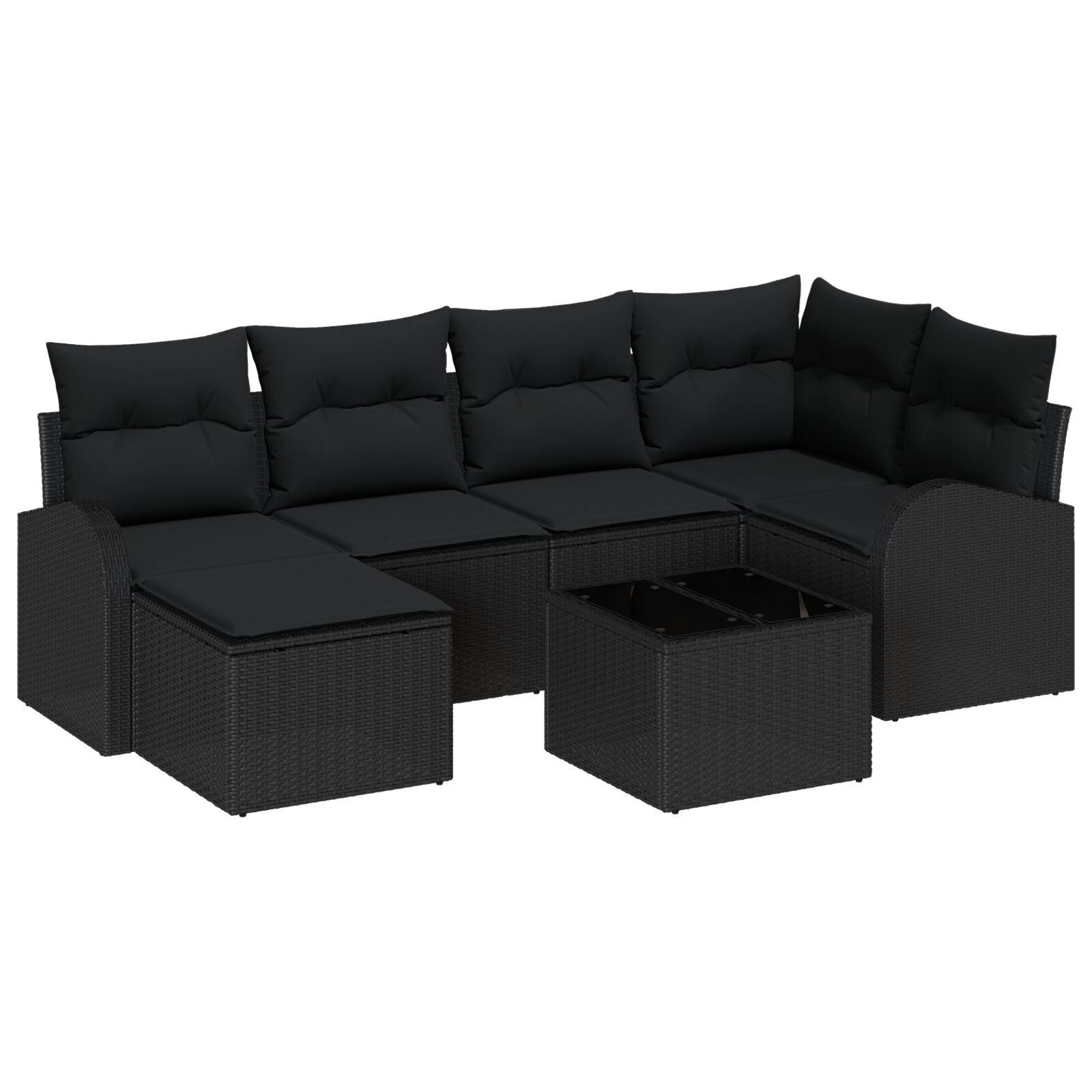 7 Stykker Have Sofa Sæt med Puder Beige Poly Rattan,  2-personers Have Sofa med Opbevaring & Puder Sort Poly Rattan