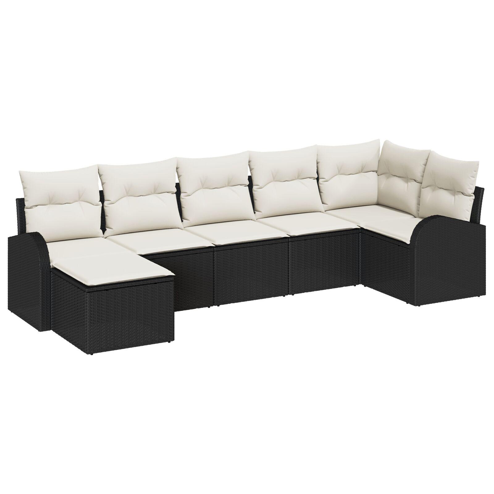 7 Stykke Have Sofa Sæt med Puder Sort Poly Rattan,  2-personers Have Sofa med Opbevaring & Puder Sort Poly Rattan