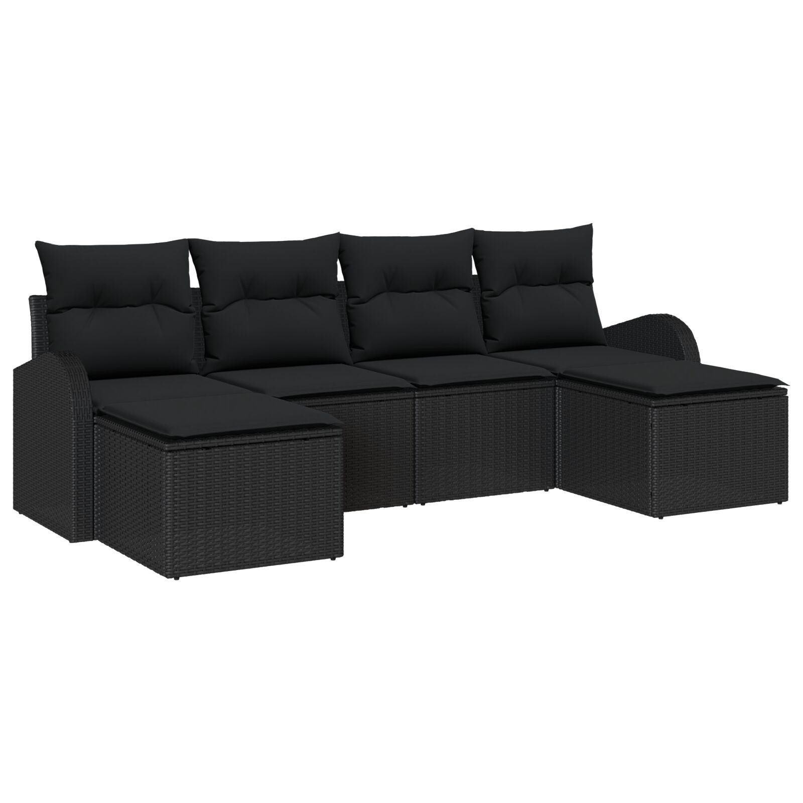 6 Dele Have Sofa Sæt med Puder Sort Poly Rattan, 2-Personers Have Sofa med Opbevaring & Puder Sort Poly Rattan