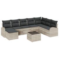 9 Stykker Have Sofa Sæt med Puder Grå Poly Rattan, 2-Sæders Have Sofa med Opbevaring & Puder Lysegrå Poly Rattan