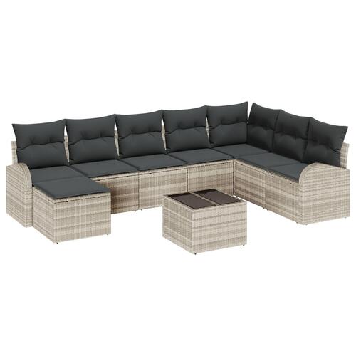 9 Stykker Have Sofa Sæt med Puder Grå Poly Rattan, 2-Sæders Have Sofa med Opbevaring & Puder Lysegrå Poly Rattan
