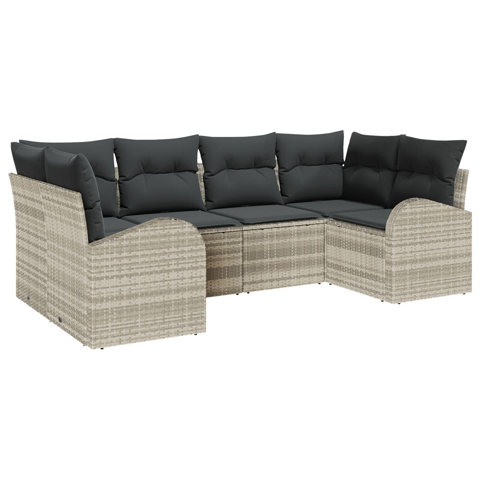 6 Piece Have Sofa Sæt med Puder Lysegrå Poly Rattan, 2-Sæders Have Sofa med Opbevaring & Puder Lysegrå Poly Rattan