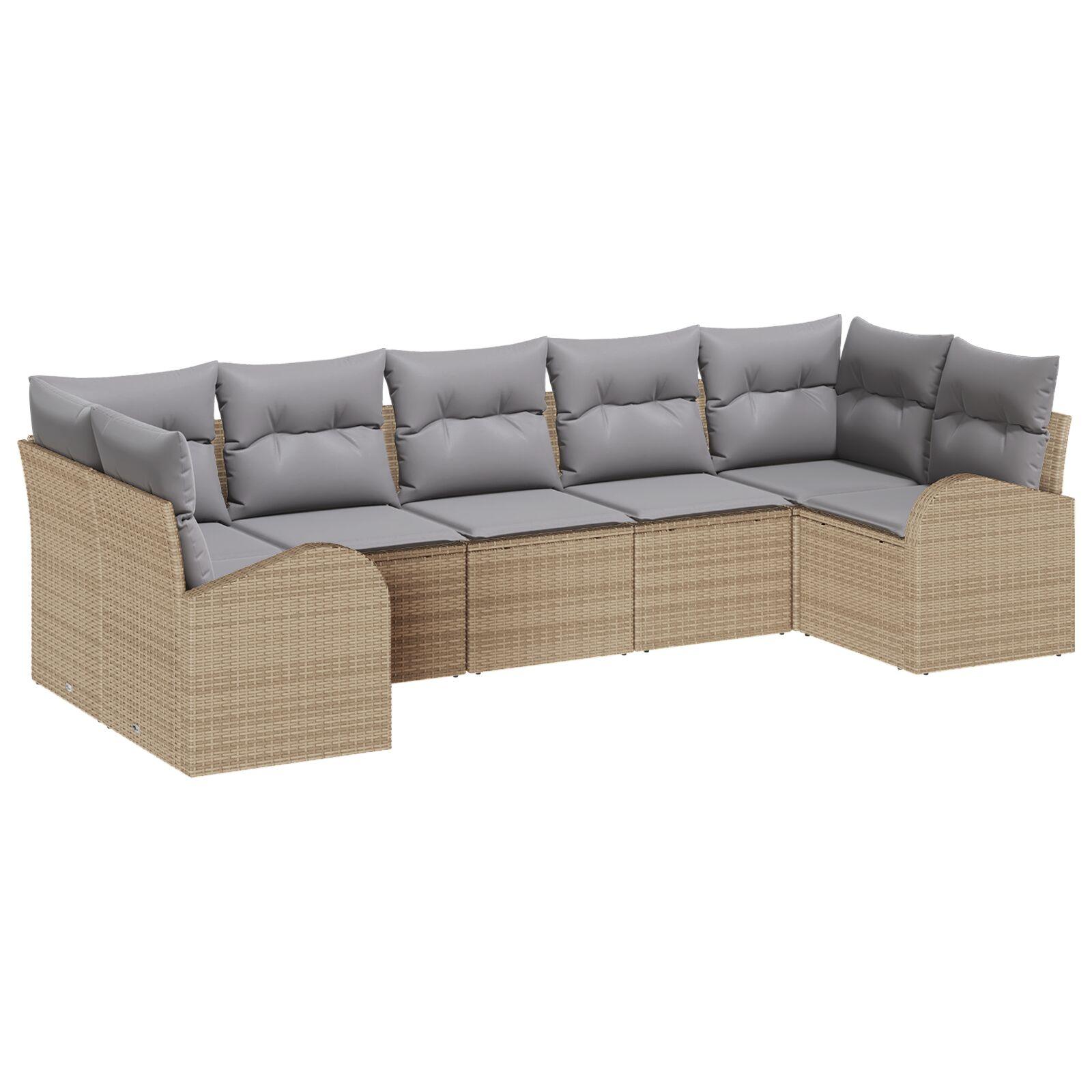 7 Stykke Have Sofa Sæt med Puder Beige Poly Rattan,  2-Sæders Have Sofa med Opbevaring & Puder Beige Poly Rattan