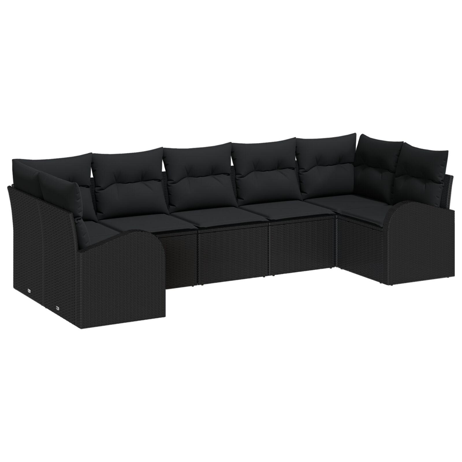 7 Stykker Have Sofa Sæt med Puder Sort Poly Rattan,  2-Sæders Have Sofa med Opbevaring & Puder Sort Poly Rattan