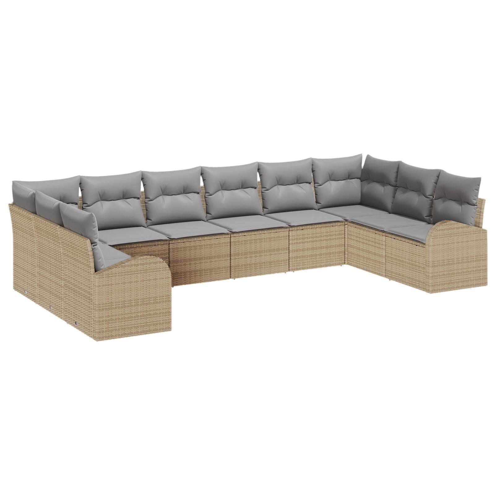 10 Stykker Have Sofa Sæt med Puder Beige Poly Rattan,  2-Personers Have Sofa med Opbevaring og Puder Beige Poly Rattan