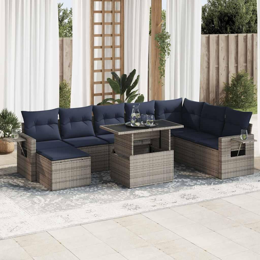 Sofasæt til haven 9 dele med hynder polyrattan akacietræ grå billede