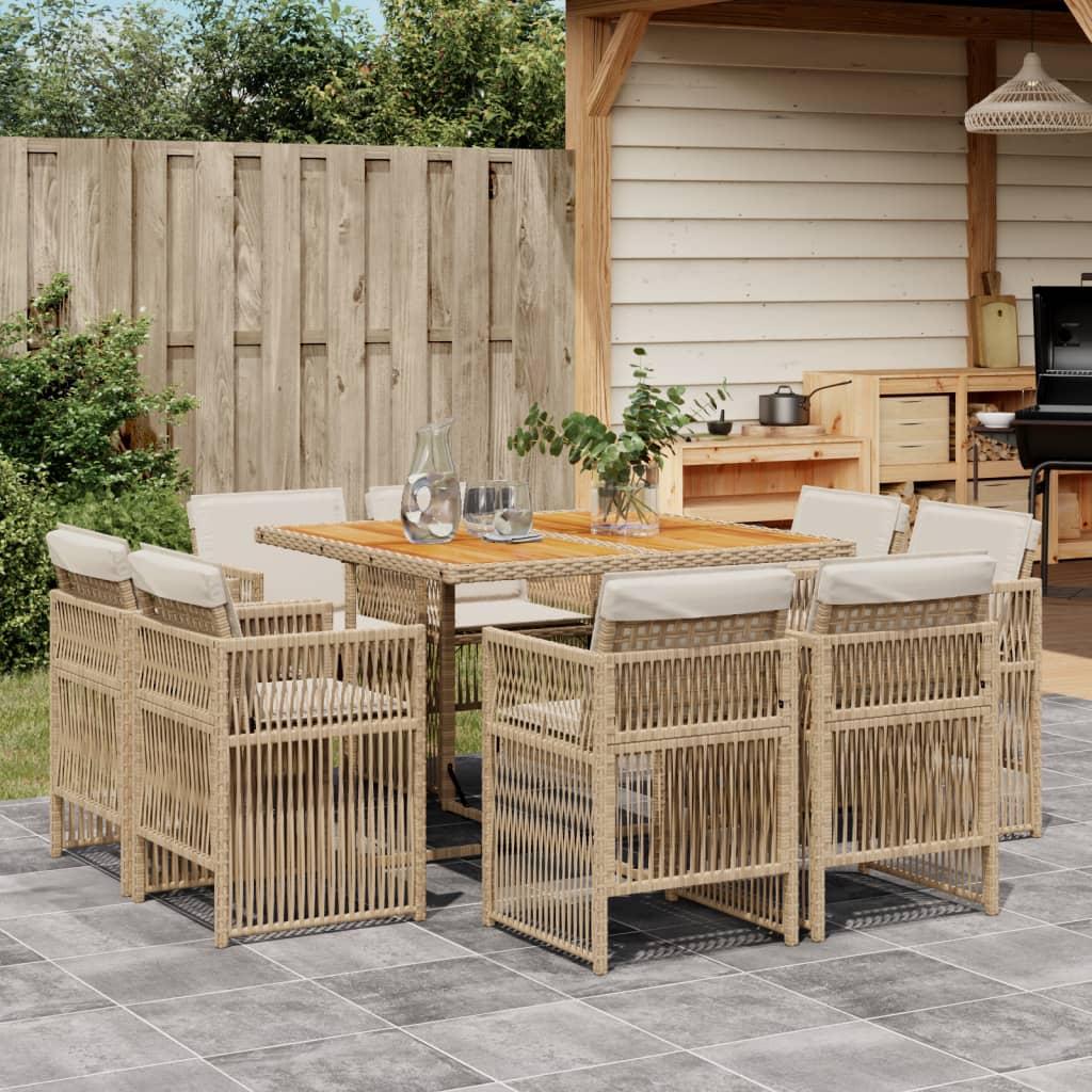 Spisebordssæt til haven 9 dele med hynder polyrattan beige