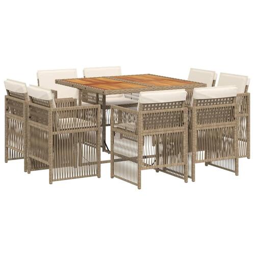 Spisebordssæt til haven 9 dele med hynder polyrattan beige