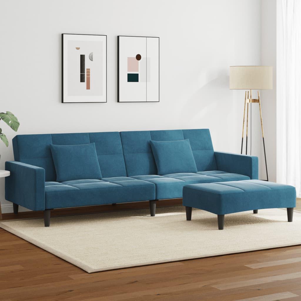 2-personers sovesofa med fodskammel i velour blå