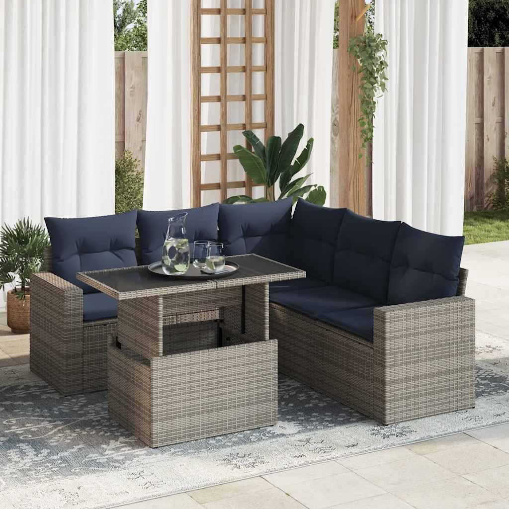 Sofasæt til haven - 6 dele i polyrattan med hynder, grå/marineblå billede