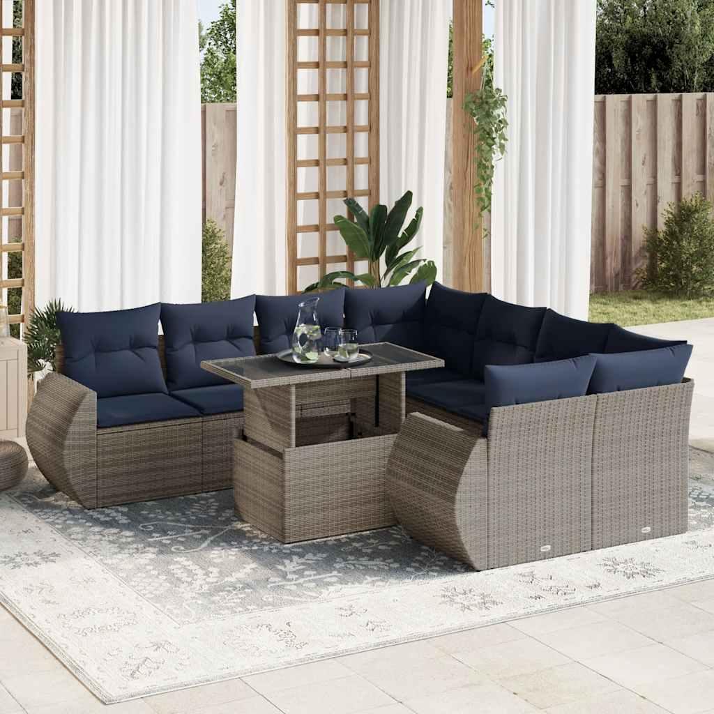 Sofasæt til haven 9 dele med hynder polyrattan akacietræ grå billede
