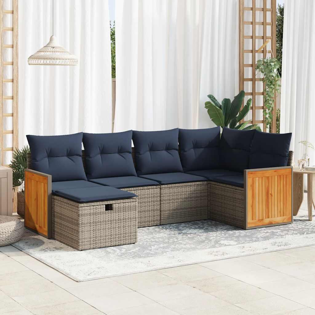 Sofasæt til haven - 6 dele med hynder i polyrattan, grå/marineblå