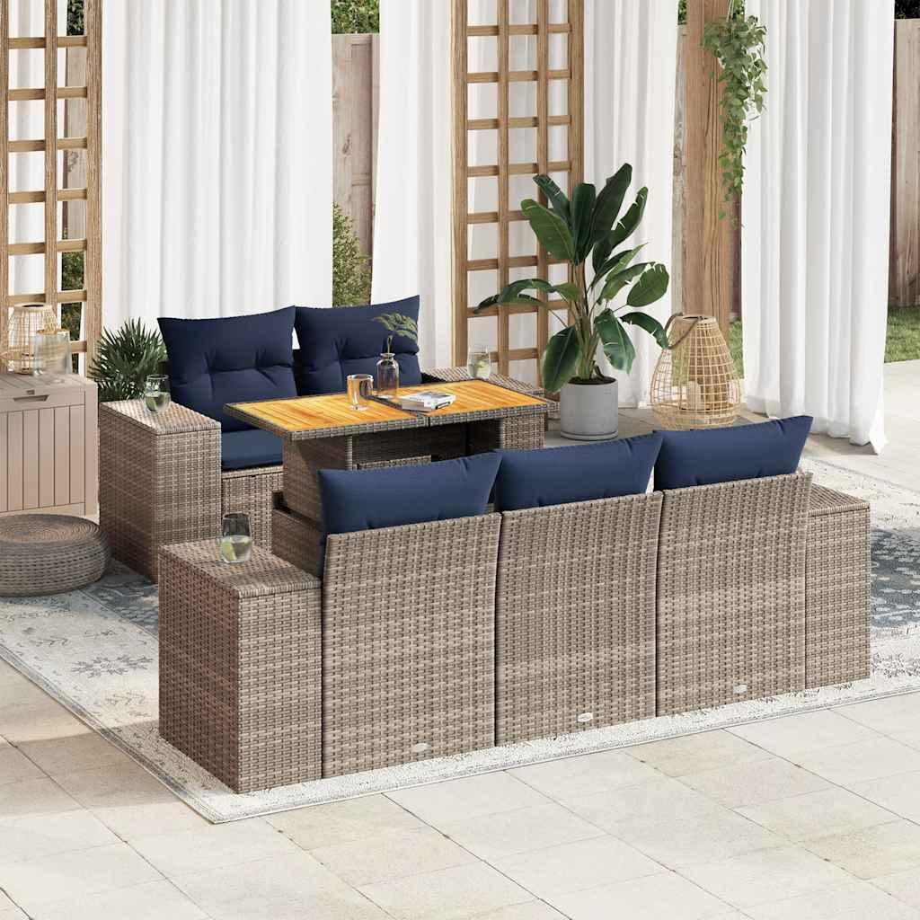 Sofasæt til haven i polyrattan - 6 dele med hynder, grå/marineblå