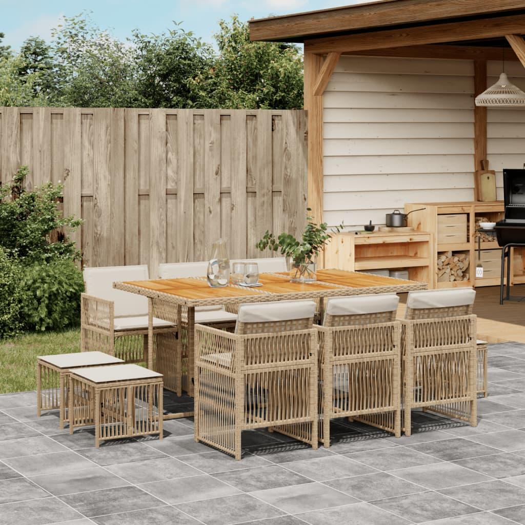 Spisebordssæt til haven 11 dele med hynder polyrattan beige