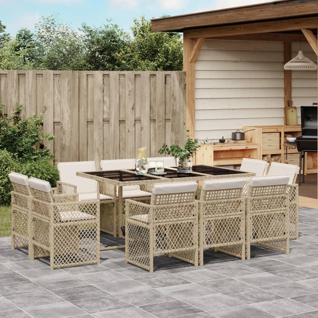 Spisebordssæt til haven 11 dele med hynder polyrattan beige