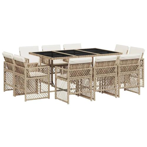 Spisebordssæt til haven 11 dele med hynder polyrattan beige