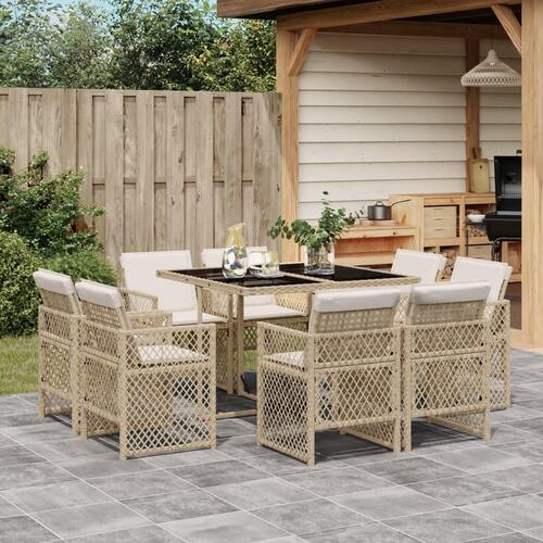 Spisebordssæt til haven 9 dele med hynder polyrattan beige