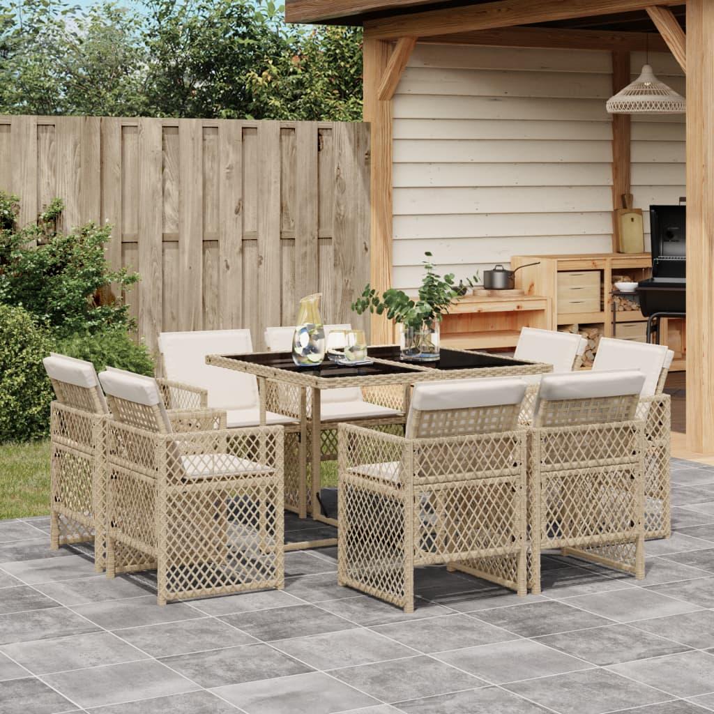 Spisebordssæt til haven 9 dele med hynder polyrattan beige