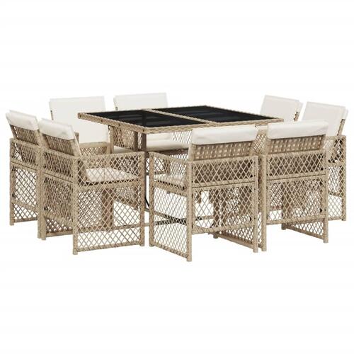 Spisebordssæt til haven 9 dele med hynder polyrattan beige