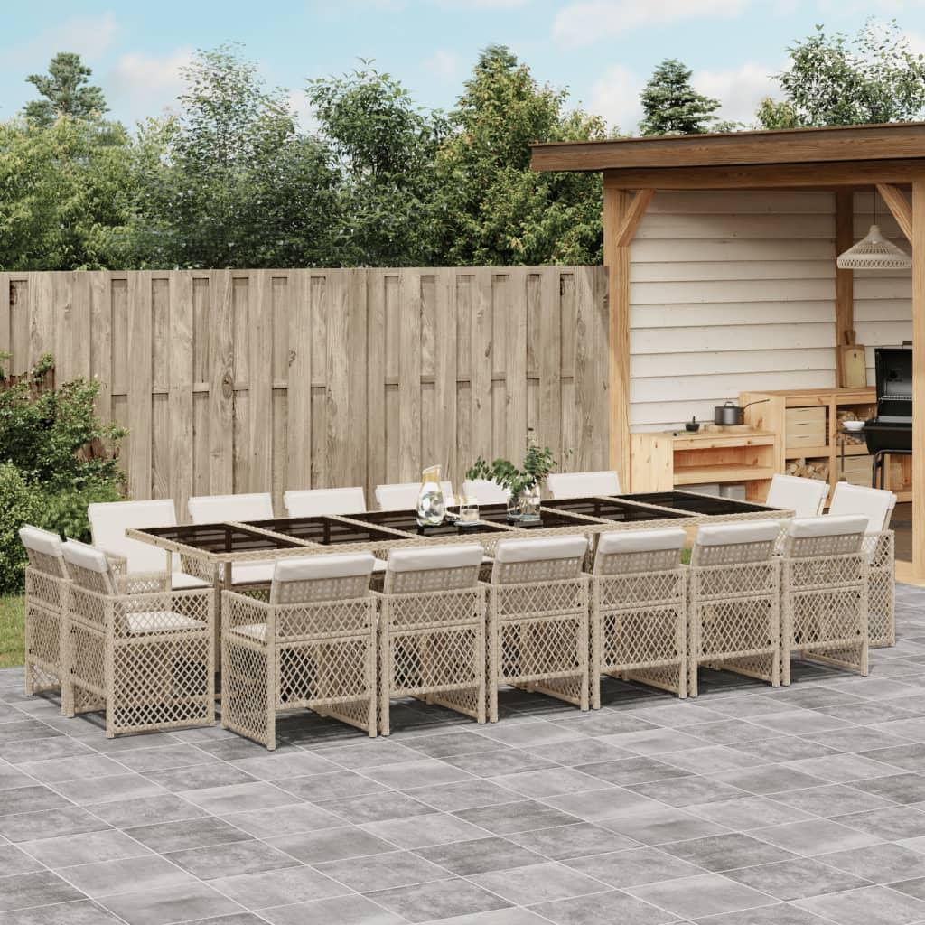 Spisebordssæt til haven 17 dele med hynder polyrattan beige